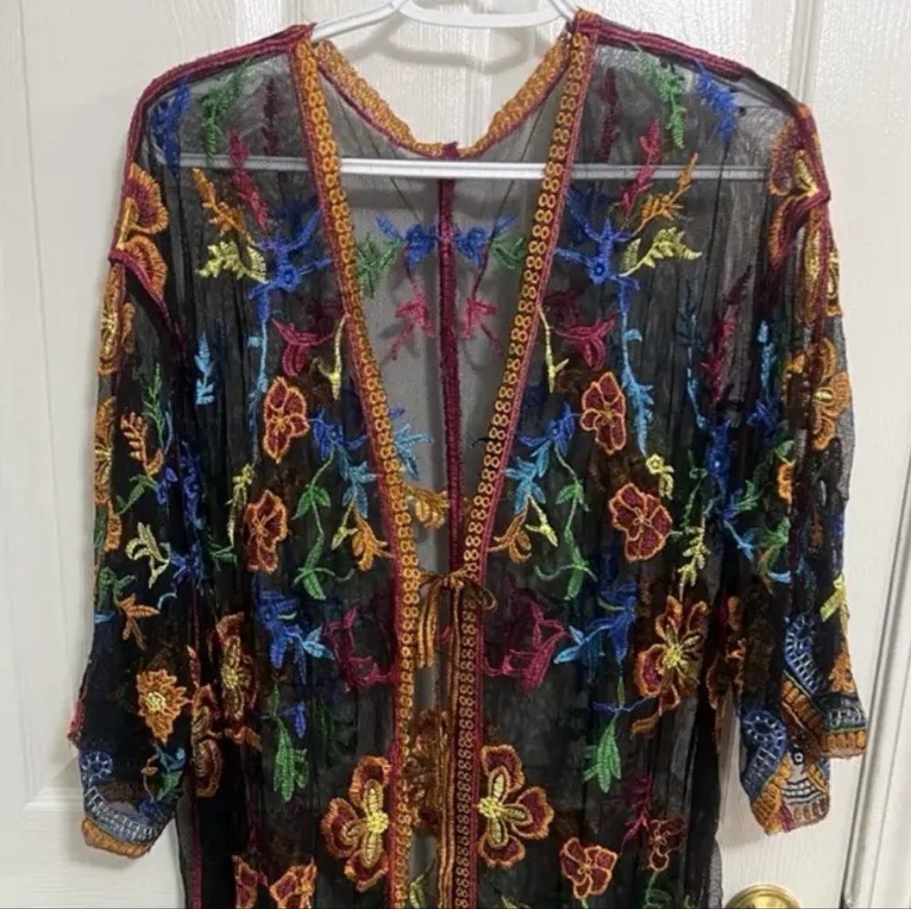 Bohemian Style Long Sleeve Embroidered Mesh Kimono, Mixed Colors Navy OSFM - Picture 6 of 9